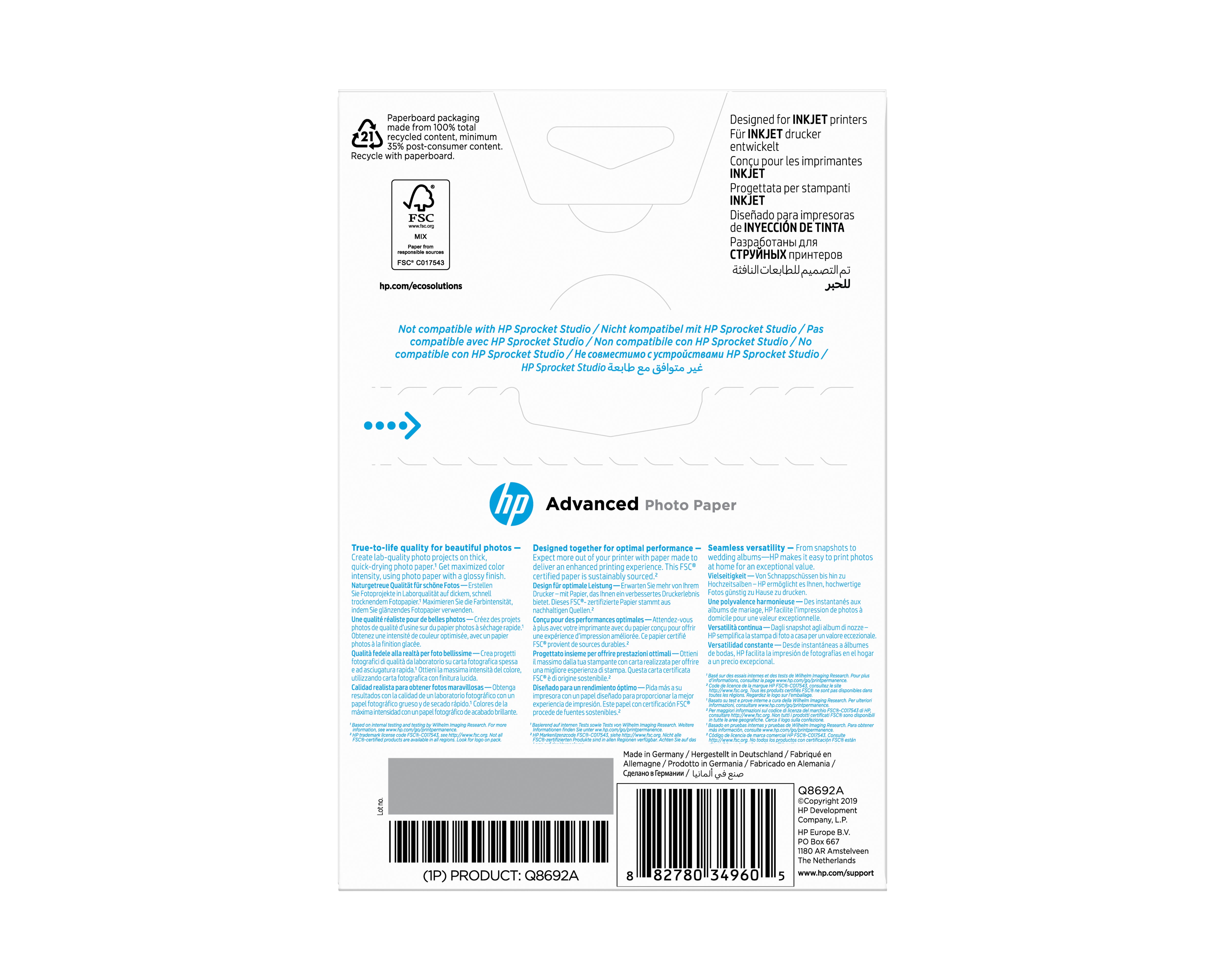 HP Advanced Fotopapir 100 x 150 mm 100ark Q8692A