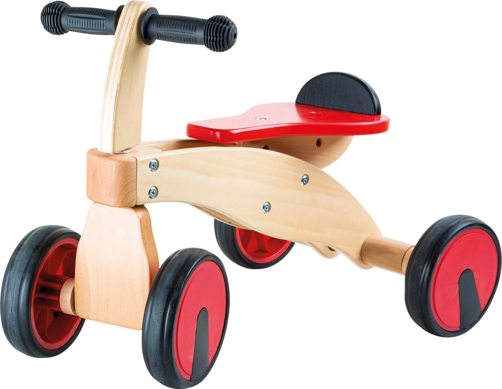 Løbecykel 4-hjulet i træ rød med gummihjul og håndtag, siddehøjde 20 cm – small foot