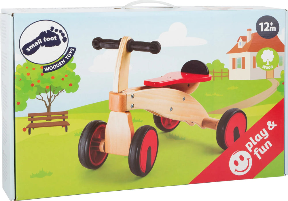 Løbecykel 4-hjulet i træ rød med gummihjul og håndtag, siddehøjde 20 cm – small foot