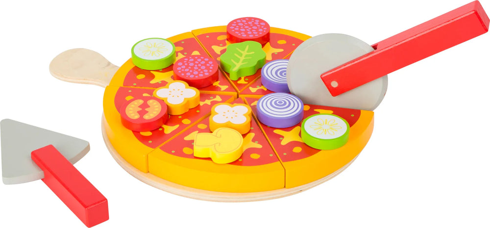 Pizzasæt i træ med 21 dele: pizza m/velcro, fad, pizzahjul og kniv – til børn fra 3 år, EN71 overholder – small foot