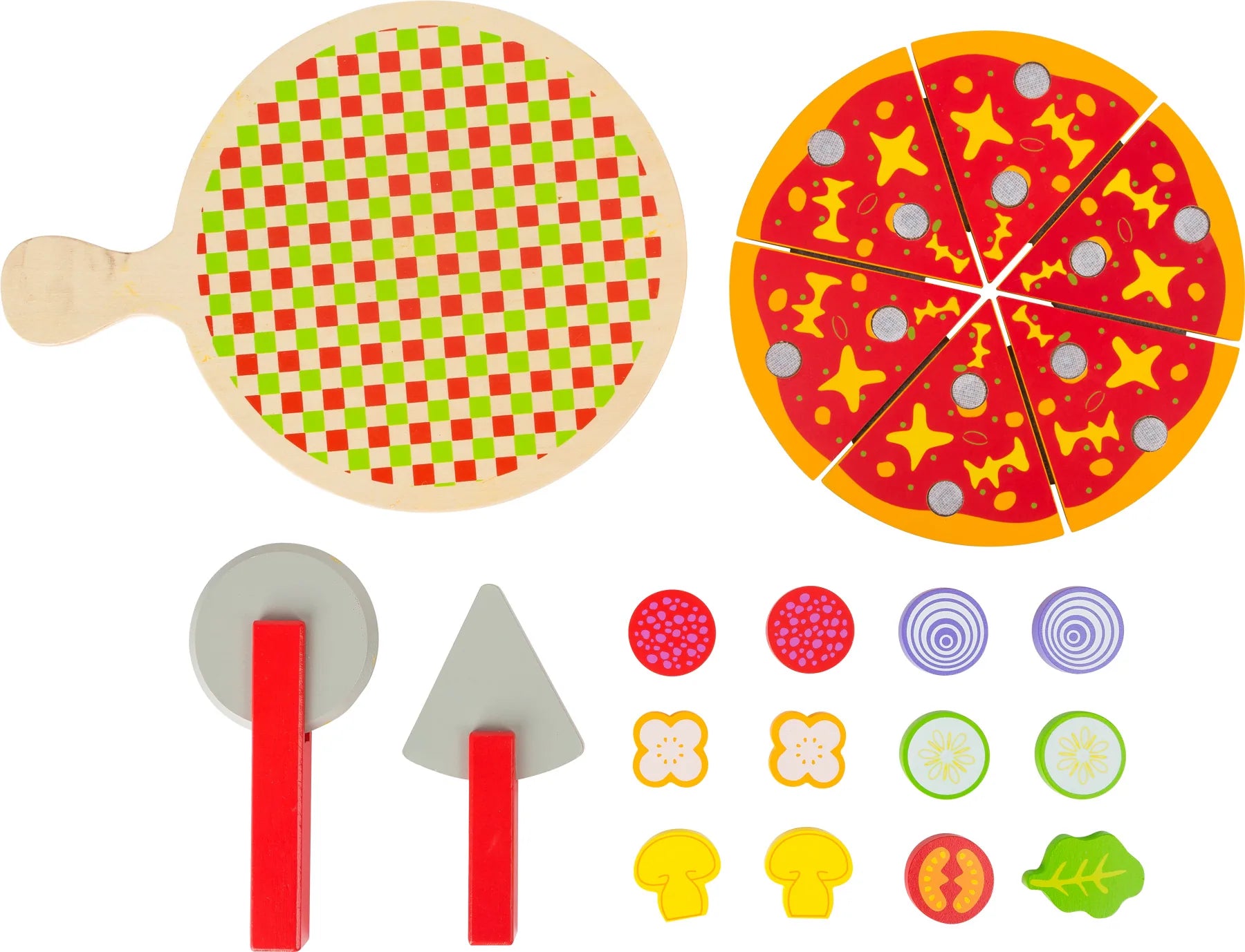 Pizzasæt i træ med 21 dele: pizza m/velcro, fad, pizzahjul og kniv – til børn fra 3 år, EN71 overholder – small foot