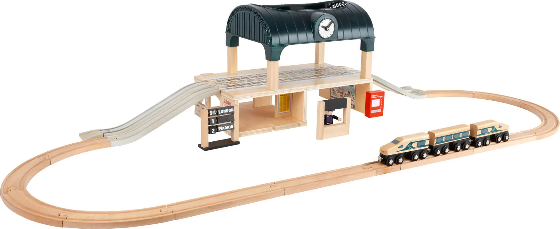 To-etagers træ togstation med tilbehør og kompatible skinner – small foot
