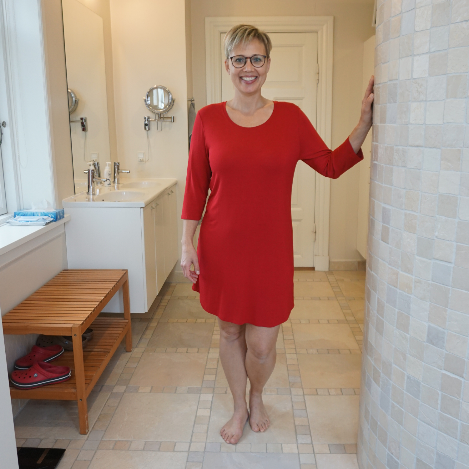 Dame natkjole med 3/4 ærme - Rød