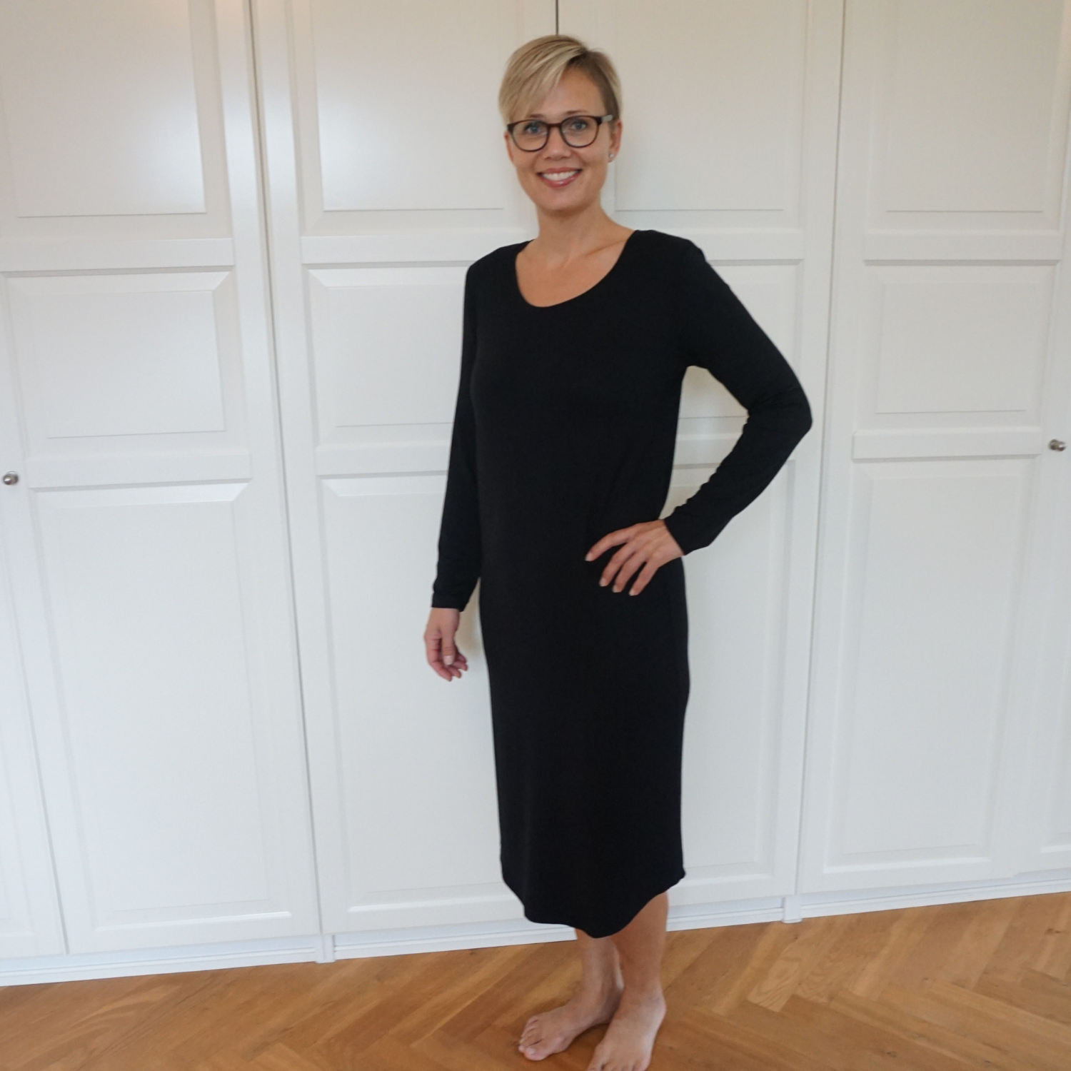 Dame Lang Natkjole med langt ærme - Sort