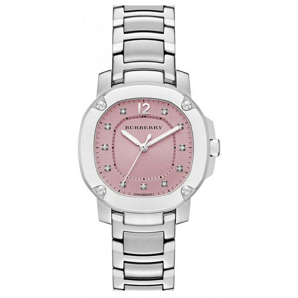Burberry The Britain Diamonds lyserød skive sølv stål rem ur For Women BBY1805