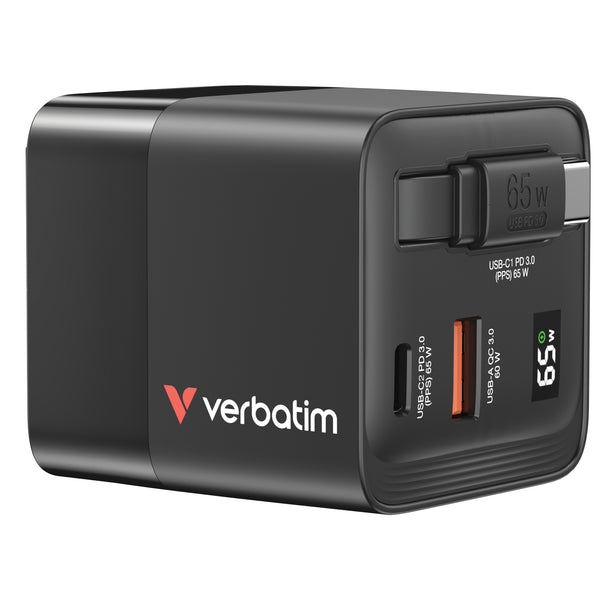 Verbatim Gan Charger 65W 2xUSB-C PD,1xUSB-A, retrac. Cable  32217