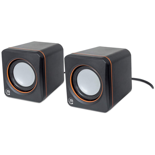 Manhattan 2600 Series Speaker System, Small Size, Big Sound, Two Speakers, Stereo, USB power, Output  2x 3W, 3.5mm plug for sound, In-Line volume control, Cable 0.9m, Black, Box Højttalere Sort