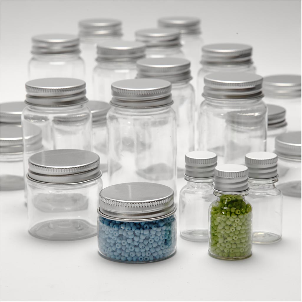 Plastdåse med låg, H: 35-77 mm, diam. 24-45 mm, 13+35+50+100 ml, 80 stk./ 1 pk.
