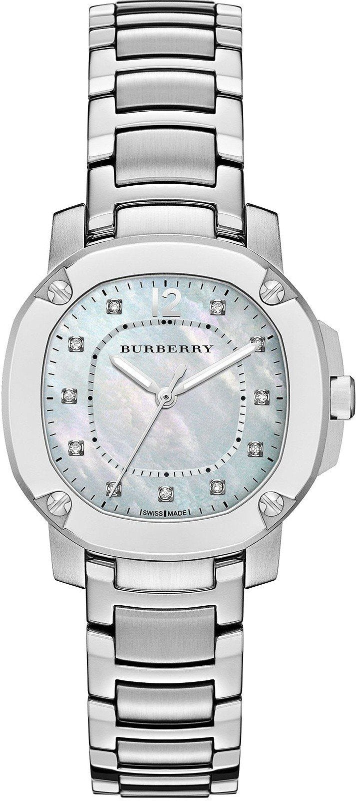 Burberry The Britain Diamonds Mother Of Pearl skive sølv stål rem ur For Women BBY1804