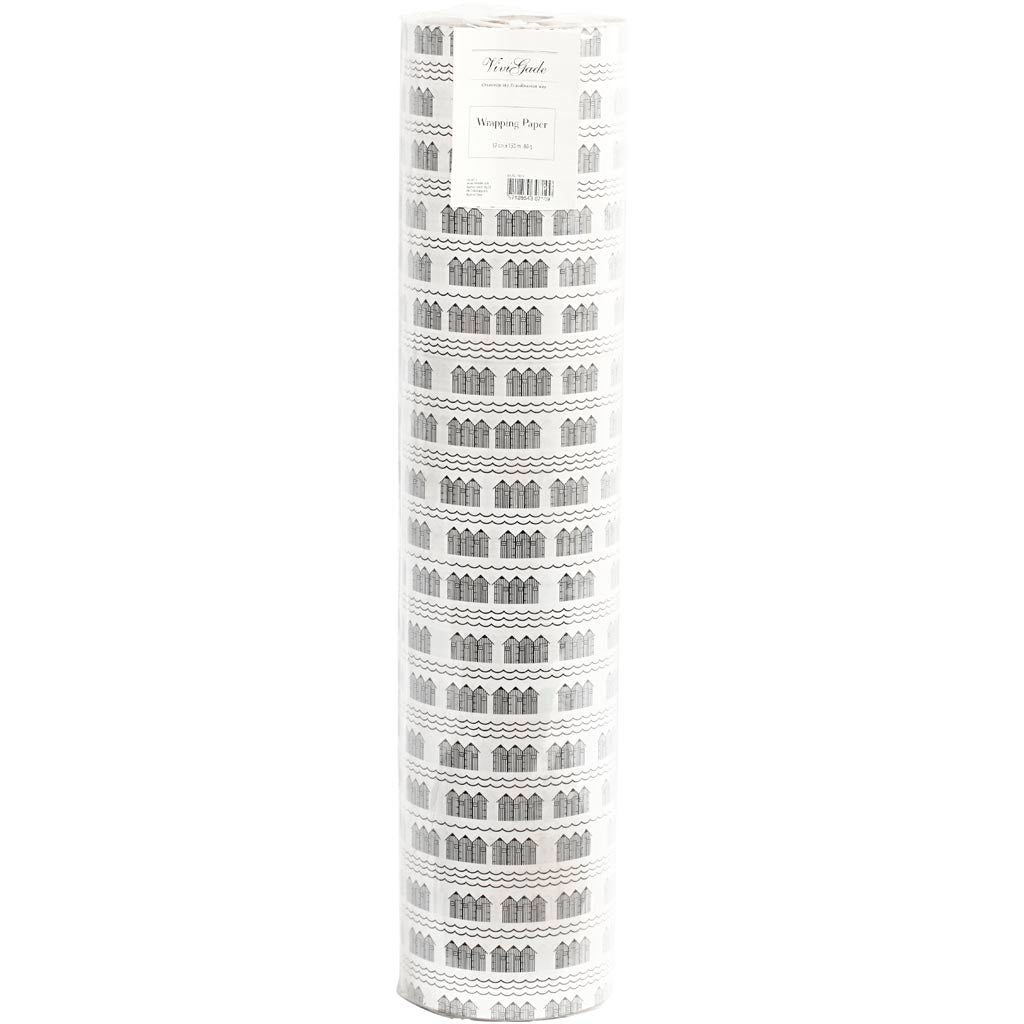Gavepapir, badehus, B: 57 cm, 80 g, sort, hvid, 150 m/ 1 rl.