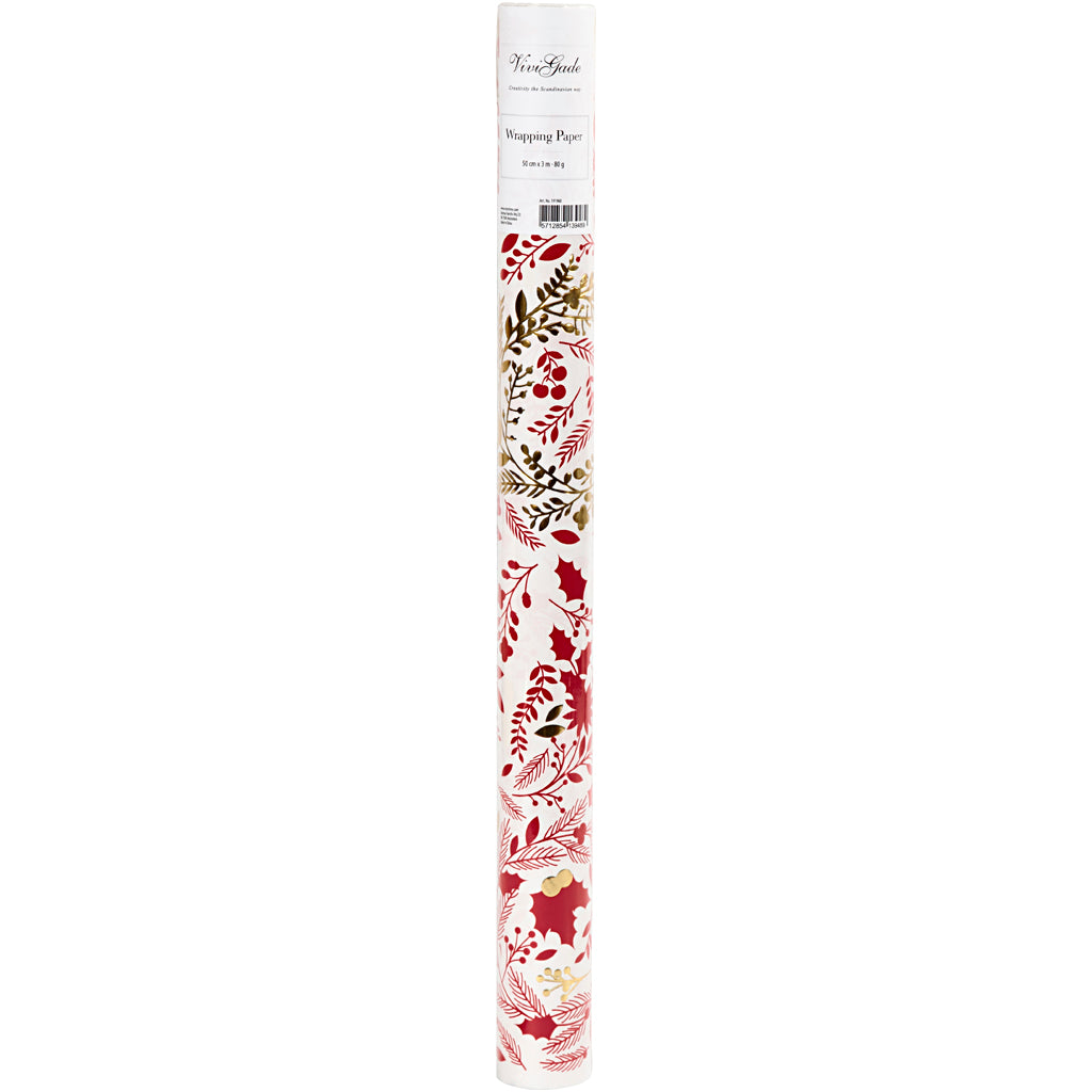 Gavepapir, Juletræer, B: 50 cm, 80 g, guld, rød, hvid, 3 m/ 1 rl.