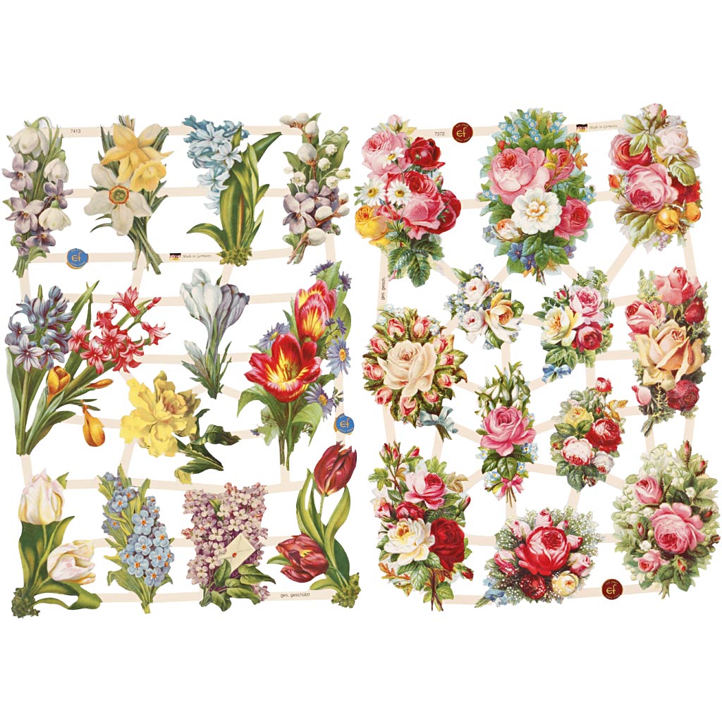 Glansbilleder, forårsblomster, ark 16,5x23,5 cm, 2 ark/ 1 pk.