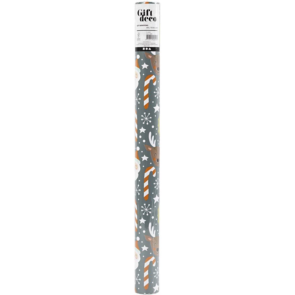 Gavepapir, Julemand, julegave, slikstok, rensdyr, B: 50 cm, 80 g, grå, 5 m/ 1 rl.
