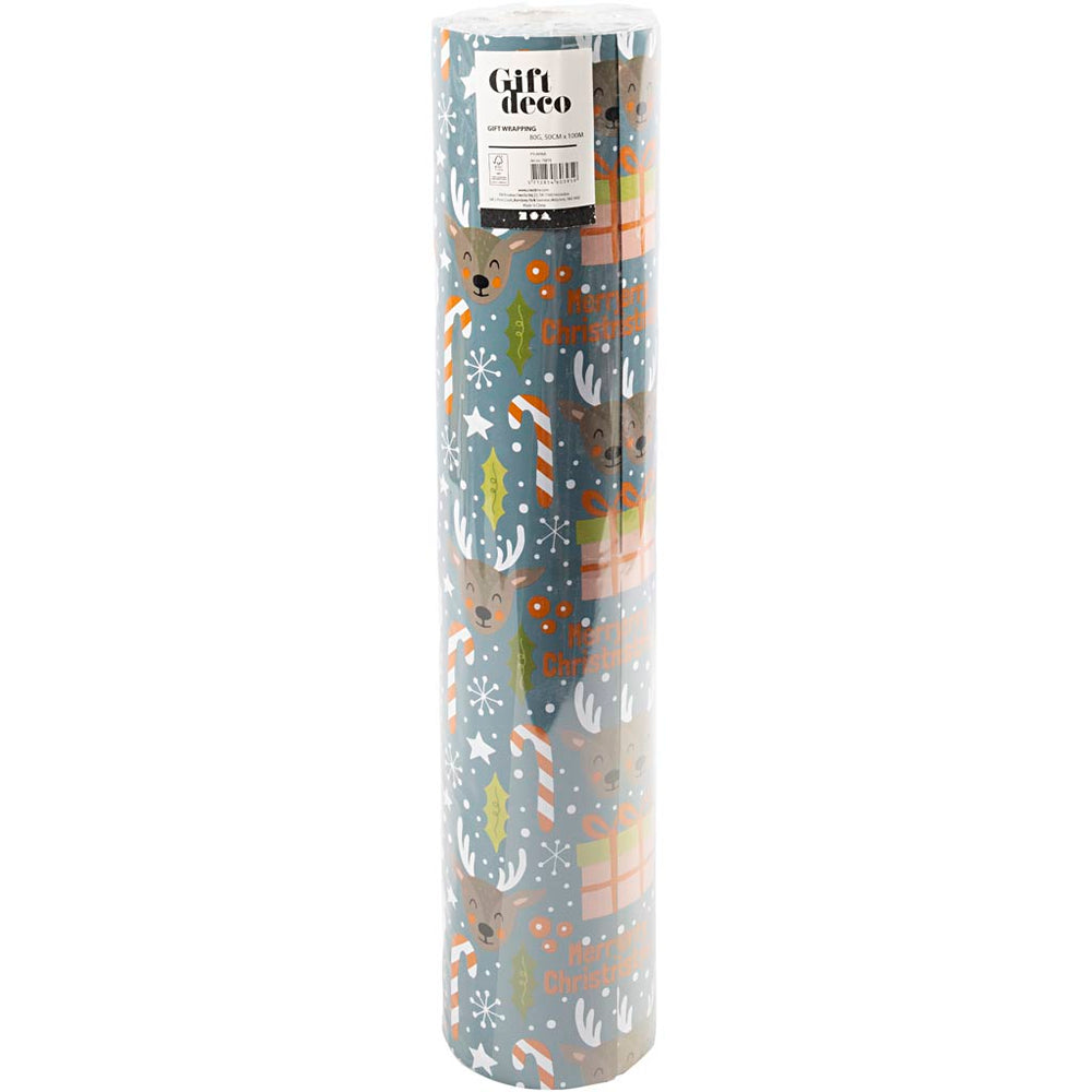 Gavepapir, Julemand, julegave, slikstok, rensdyr, B: 50 cm, 80 g, grå, 100 m/ 1 rl.