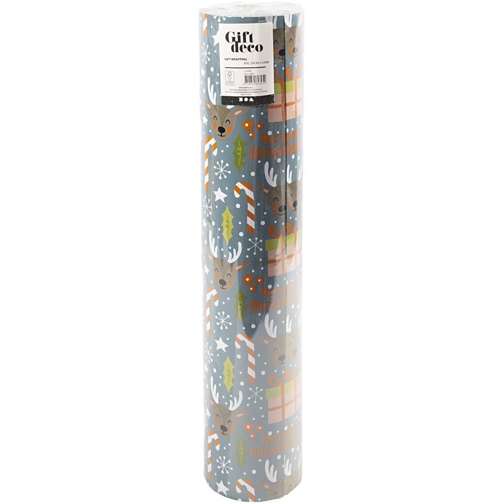Gavepapir, Julemand, julegave, slikstok, rensdyr, B: 50 cm, 80 g, grå, 100 m/ 1 rl.