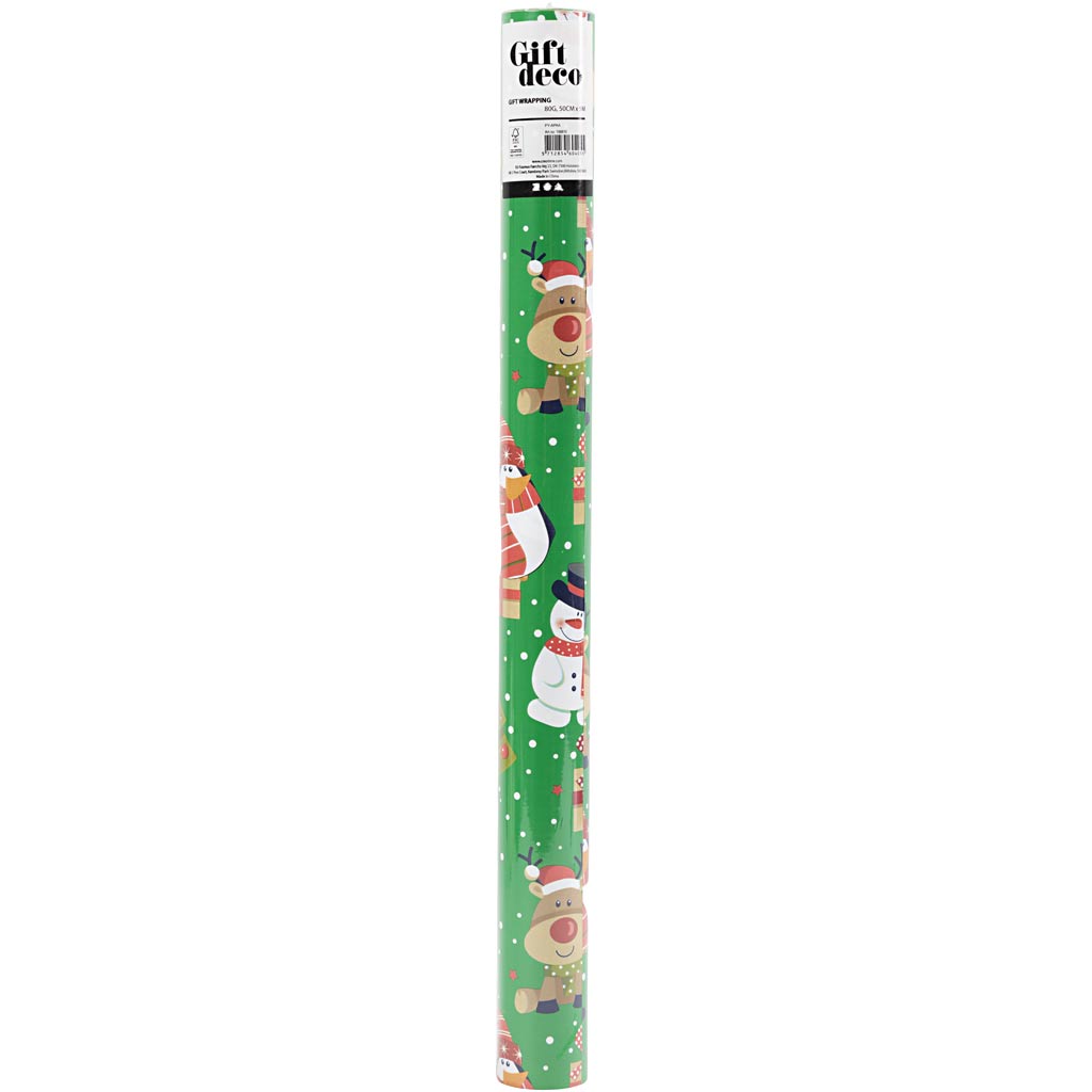 Gavepapir, Julemand, juletræ, julegave, rensdyr, snemand og pingvin, B: 50 cm, 80 g, grøn, 5 m/ 1 rl.