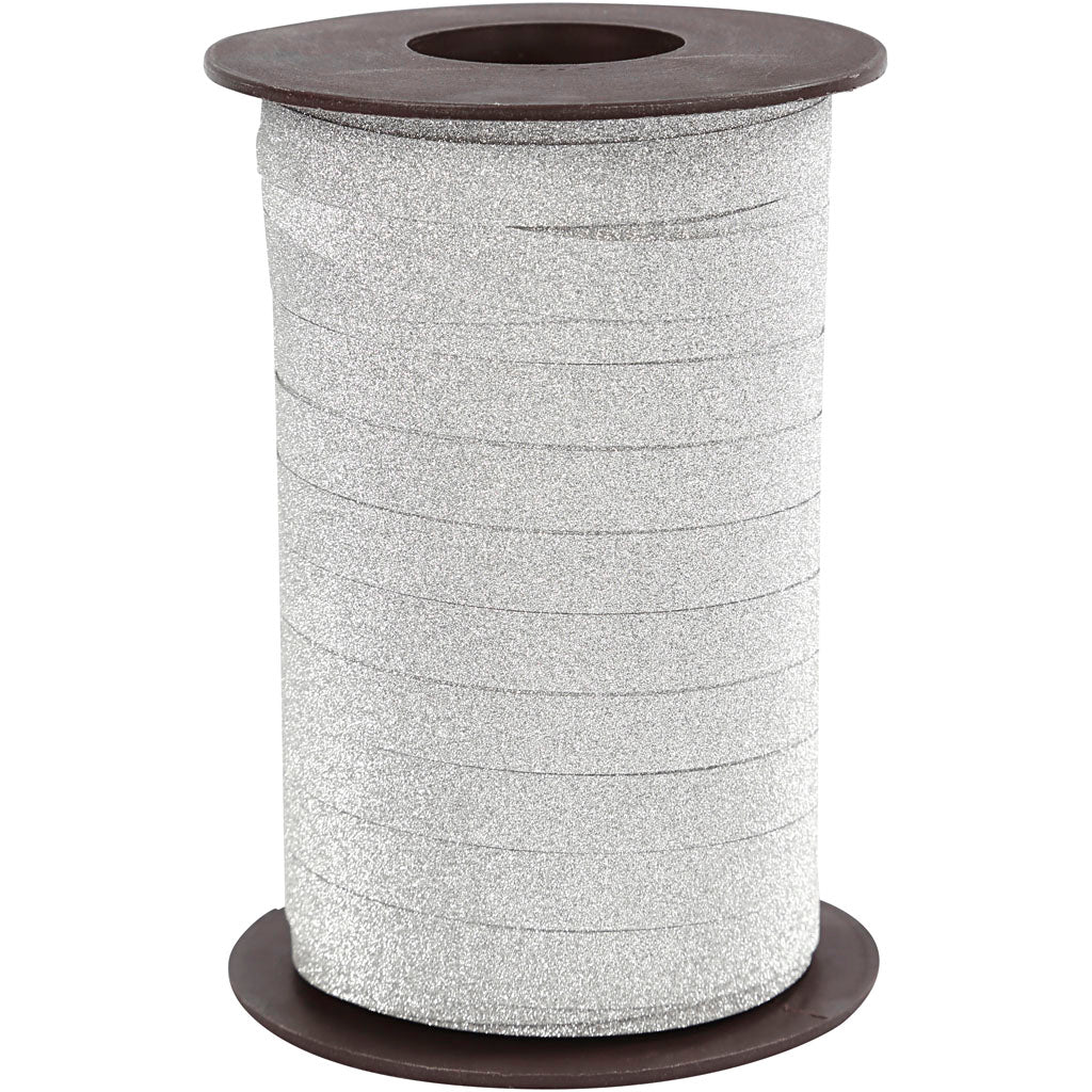Gavebånd, B: 10 mm, glitter, sølv, 100 m/ 1 pk.