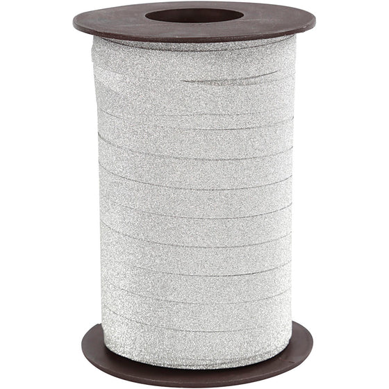 Gavebånd, B: 10 mm, glitter, sølv, 100 m/ 1 pk.