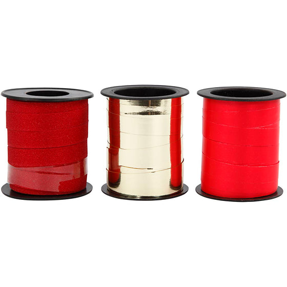 Gavebånd, B: 10 mm, guld, rød, rød glitter, 3x15 m/ 1 pk.