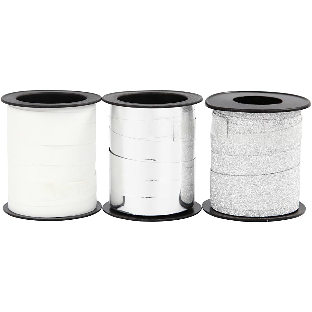 Gavebånd, B: 10 mm, sølv, sølv glitter, hvid, 3x15 m/ 1 pk.