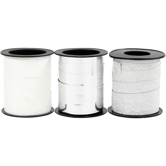 Gavebånd, B: 10 mm, sølv, sølv glitter, hvid, 3x15 m/ 1 pk.