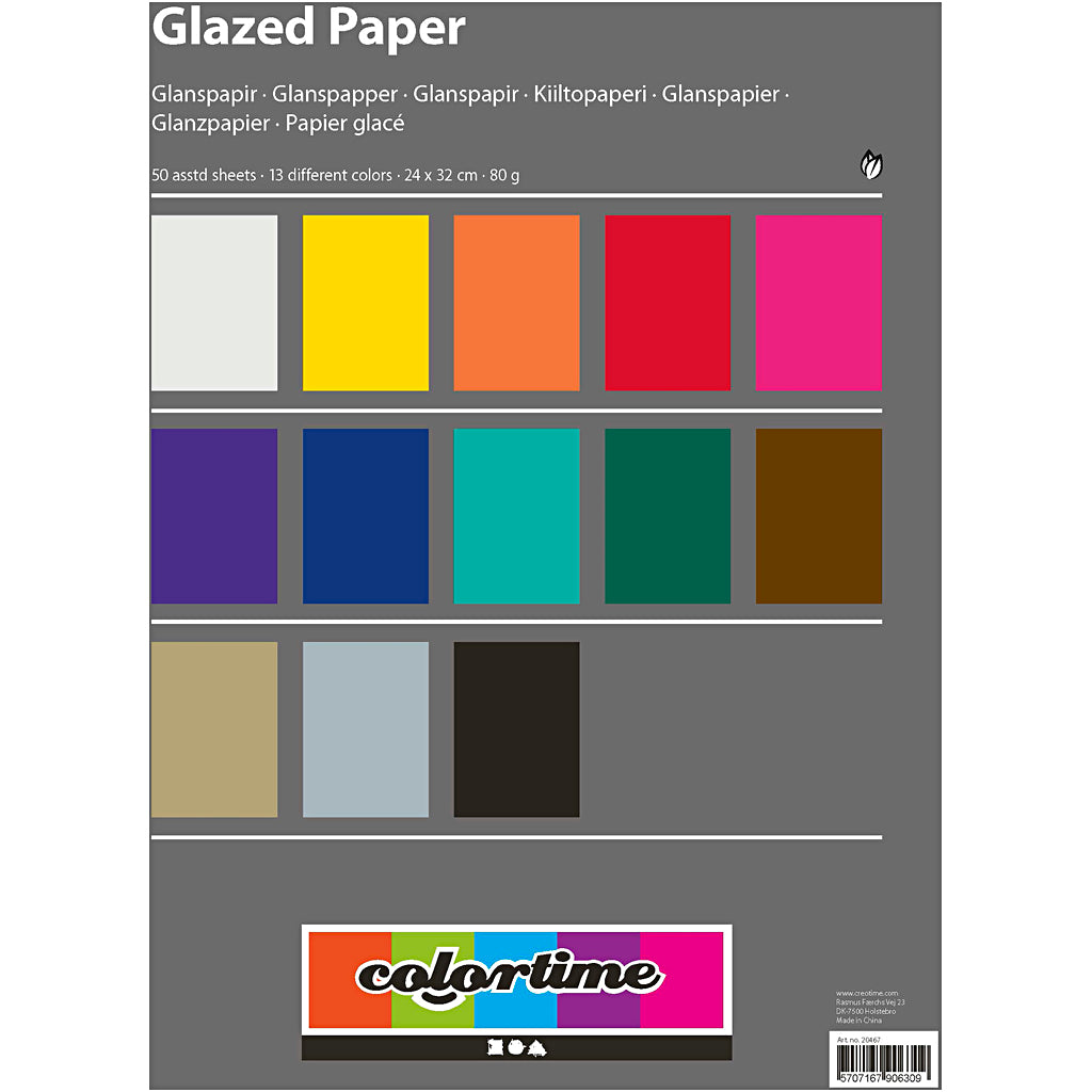 Glanspapir, ark 24x32 cm, 80 g, ass. farver, 50 ark/ 1 pk.
