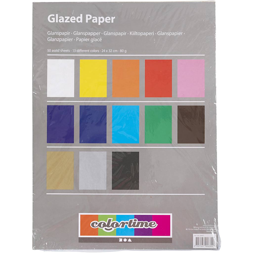 Glanspapir, ark 24x32 cm, 80 g, ass. farver, 50 ark/ 1 pk.