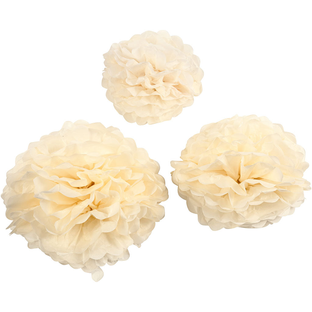 Papirpomponer, diam. 20+24+30 cm, 16 g, råhvid, 3 stk./ 1 pk.