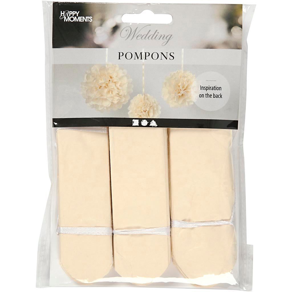 Papirpomponer, diam. 20+24+30 cm, 16 g, råhvid, 3 stk./ 1 pk.