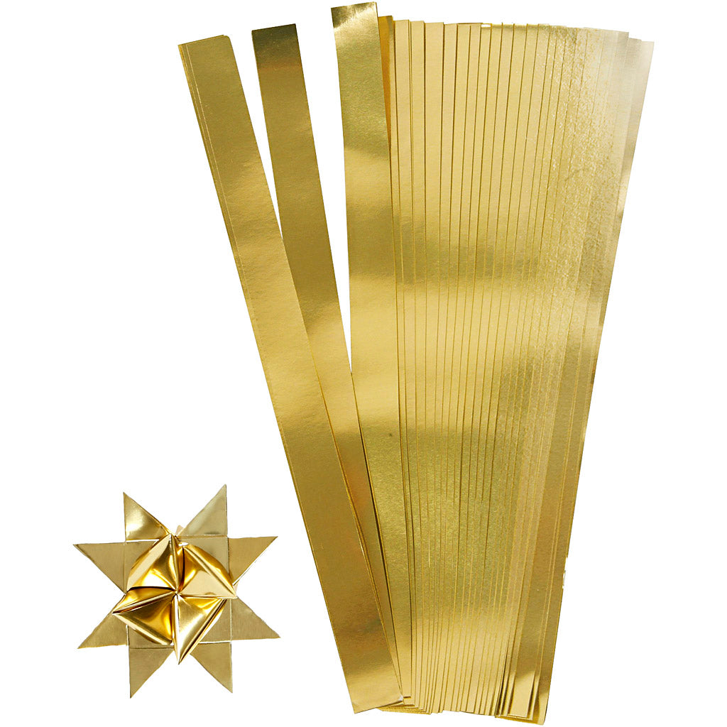 Stjernestrimler, L: 45 cm, B: 10 mm, diam. 4,5 cm, guld, 100 strimler/ 1 pk.