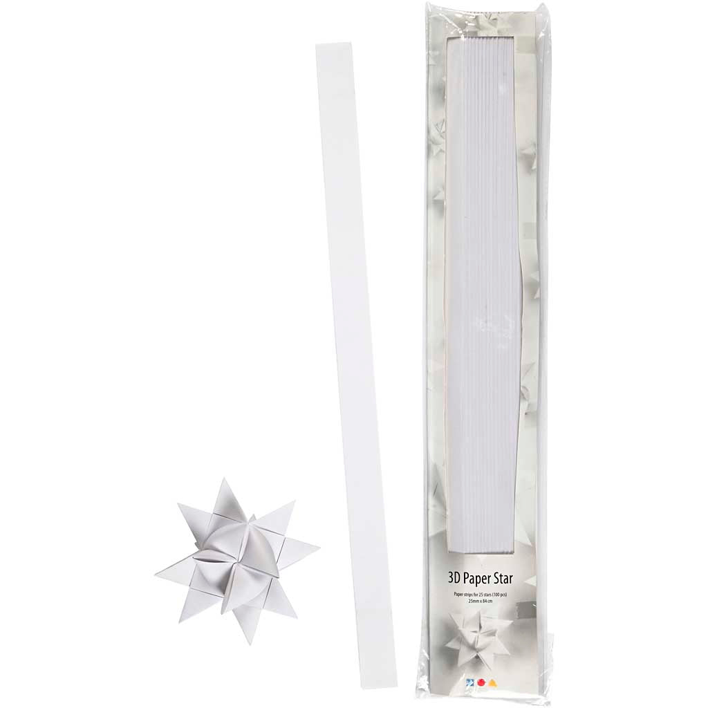 Stjernestrimler, L: 73 cm, B: 25 mm, diam. 11,5 cm, hvid, 100 strimler/ 1 pk.