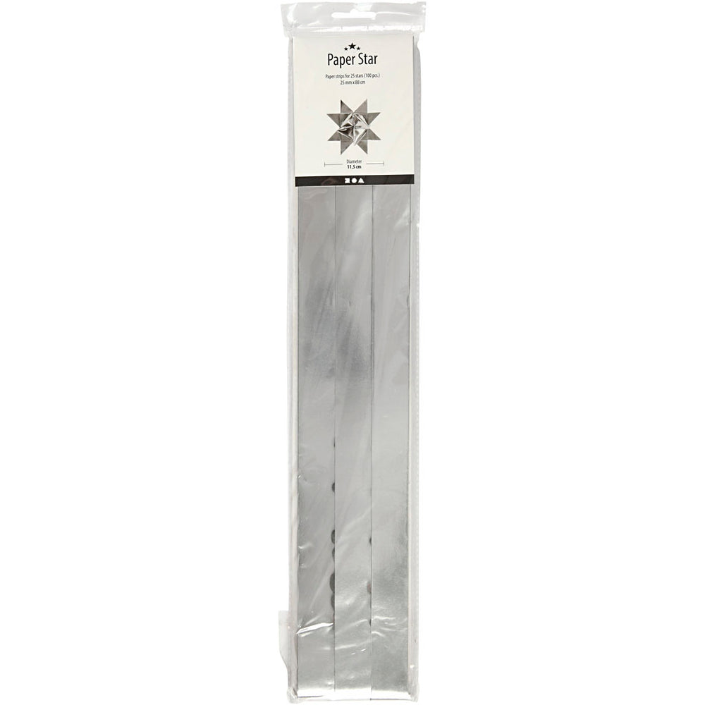 Stjernestrimler, L: 73 cm, diam. 11,5 cm, B: 25 mm, sølv, 100 strimler/ 1 pk.