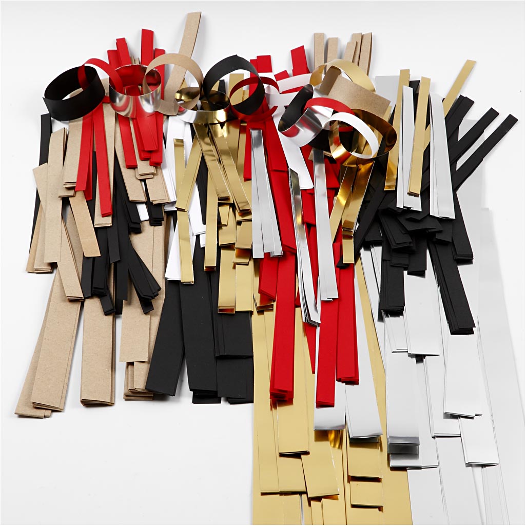 Stjernestrimler, L: 44+78 cm, diam. 4,5+6,5+11,5 cm, B: 10+15+25 mm, Indhold kan variere, guld, rød, sølv, hvid, 5000 strimler/ 1 pk.