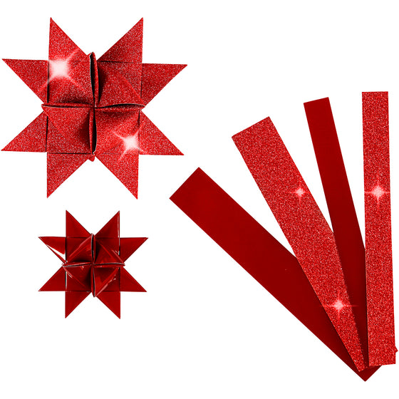 Stjernestrimler, L: 44+78 cm, B: 15+25 mm, diam. 6,5+11,5 cm, glitter,lak, rød, 40 strimler/ 1 pk.