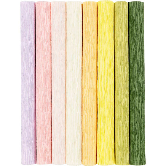 Crepepapir, ark 25x60 cm, Stræk/crepe: 180%, 105 g, pastelfarver, 8 ark/ 1 pk.