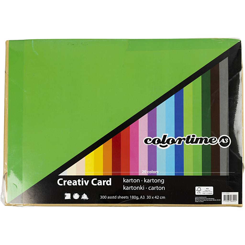 Creativ Karton, A3, ark 297x420 mm, 180 g, ass. farver, 300 ass. ark/ 1 pk.