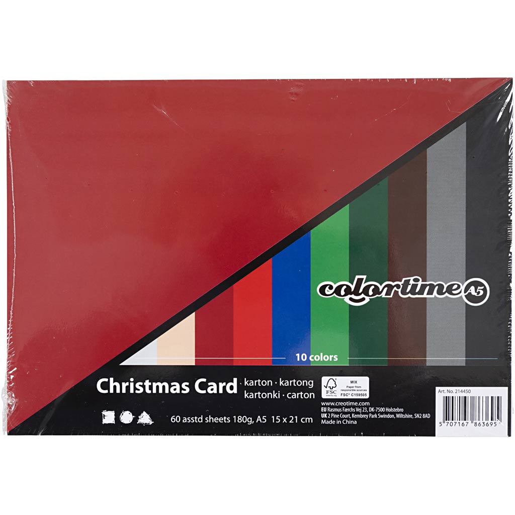 Julekarton, A5, ark 150x210 mm, 180 g, ass. farver, 60 ass. ark/ 1 pk.