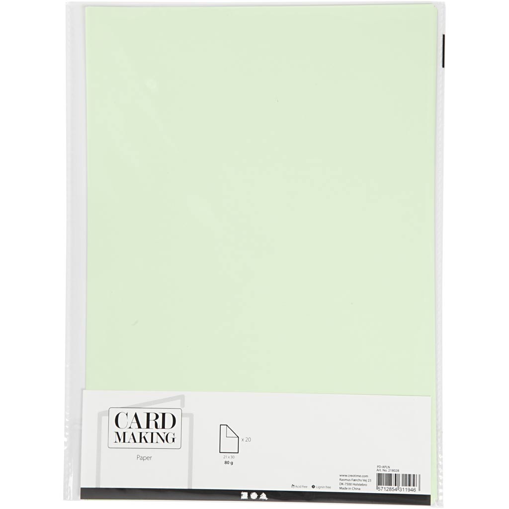 Papir, A4, ark 210x297 mm, 80 g, lys grøn, 20 stk./ 1 pk.