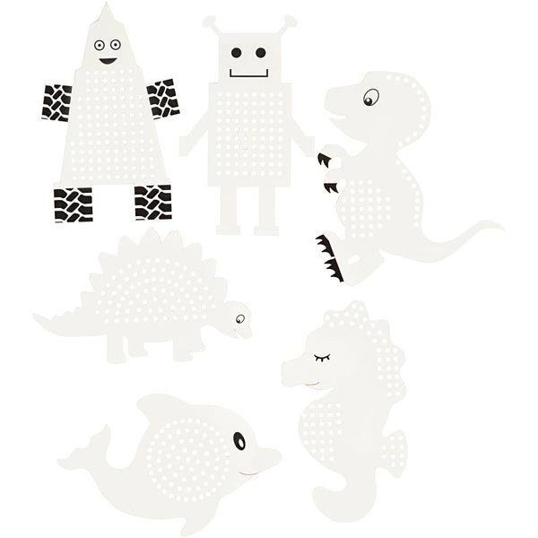 Broderifigurer, dyr/robotter, H: 8-13 cm, B: 8-13 cm, hvid, 6x3 stk./ 1 pk.