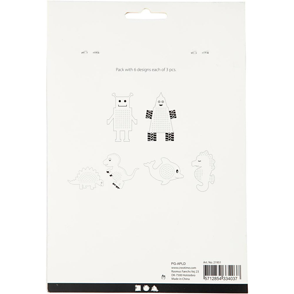 Broderifigurer, dyr/robotter, H: 8-13 cm, B: 8-13 cm, hvid, 6x3 stk./ 1 pk.