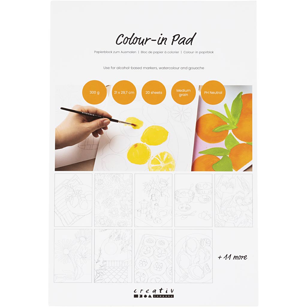 Colour-in Papirblok, A4, ark 210x297 mm, koldpresset,mellemkornet, 300 g, hvid, 20 ark/ 1 stk.
