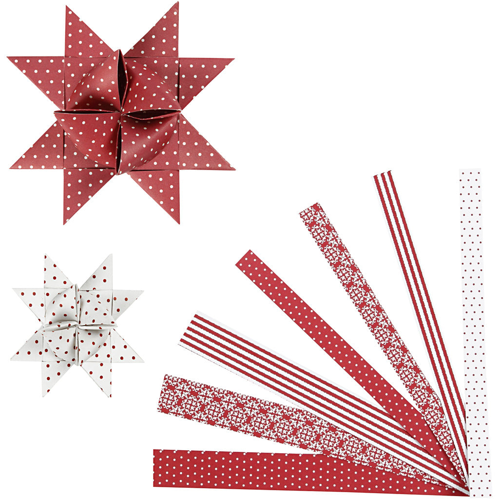 Stjernestrimler, L: 44+78 cm, B: 15+25 mm, diam. 6,5+11,5 cm, rød, hvid, 60 strimler/ 1 pk.