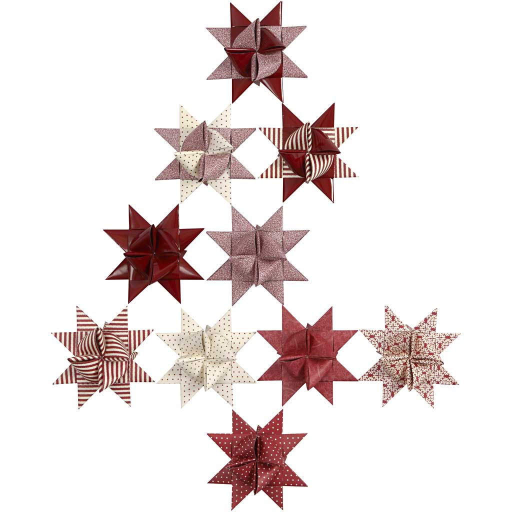 Stjernestrimler, L: 44+78 cm, B: 15+25 mm, diam. 6,5+11,5 cm, rød, hvid, 60 strimler/ 1 pk.