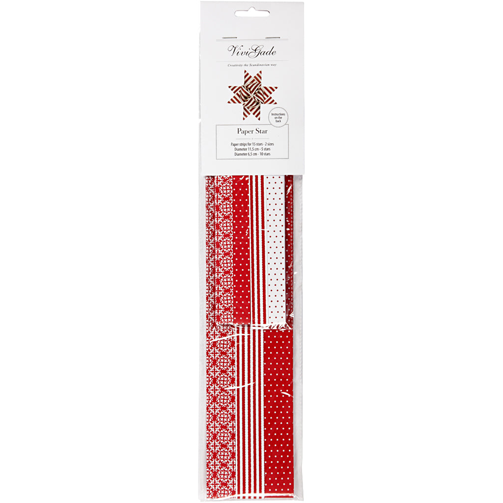 Stjernestrimler, L: 44+78 cm, B: 15+25 mm, diam. 6,5+11,5 cm, rød, hvid, 60 strimler/ 1 pk.
