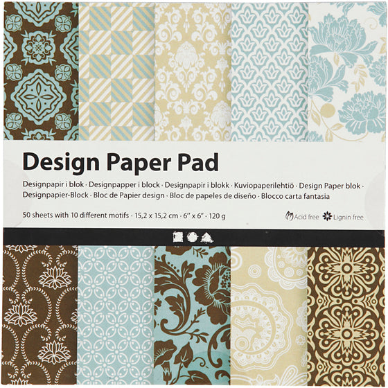 Designpapir i Blok, ark 15,2x15,2 cm, 120 g, lyseblå, brun, 50 ark/ 1 pk.