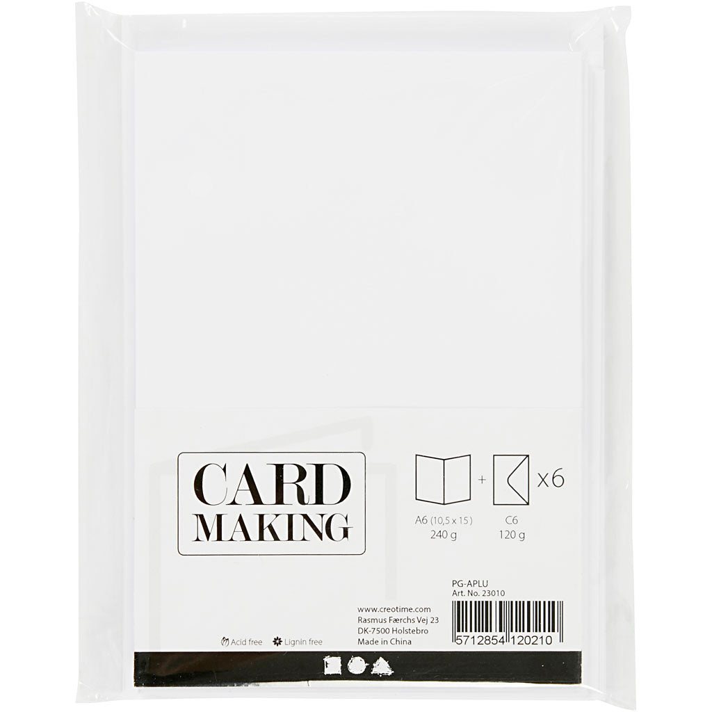 Kort og kuverter, kort str. 10,5x15 cm, kuvert str. 11,5x16,5 cm, 110+230 g, hvid, 6 sæt/ 1 pk.