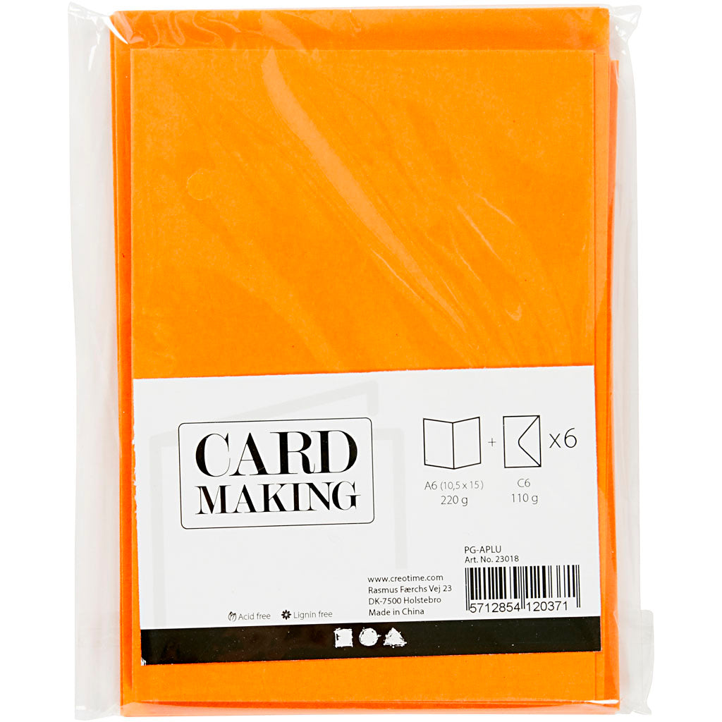 Kort og kuverter, kort str. 10,5x15 cm, kuvert str. 11,5x16,5 cm, 110+220, orange, 6 sæt/ 1 pk.