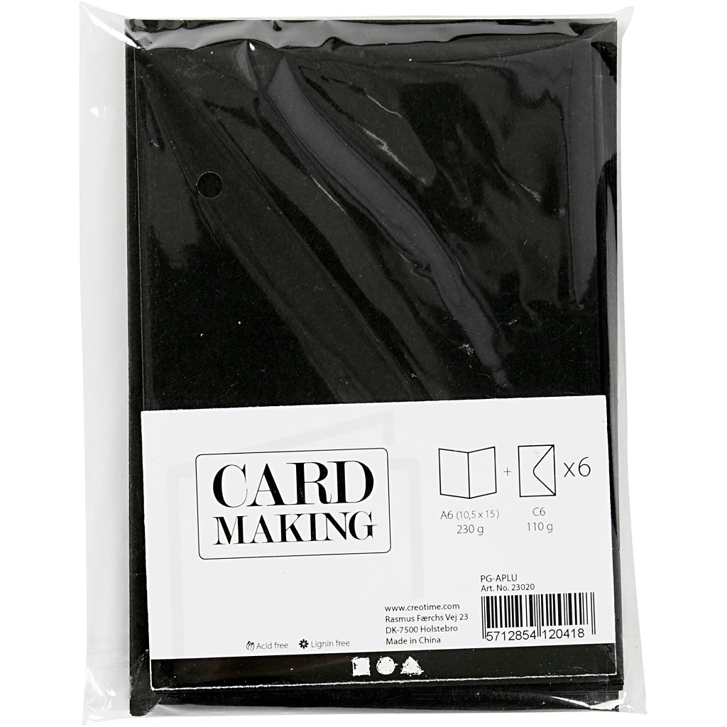 Kort og kuverter, kort str. 10,5x15 cm, kuvert str. 11,5x16,5 cm, 110+230 g, sort, 6 sæt/ 1 pk.