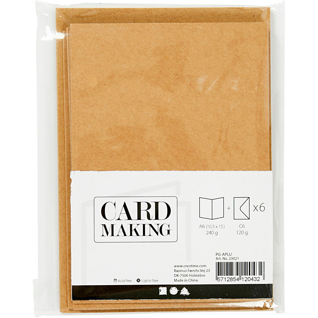 Kort og kuverter, kort str. 10,5x15 cm, kuvert str. 11,5x16,5 cm, 110+230 g, natur, 6 sæt/ 1 pk.