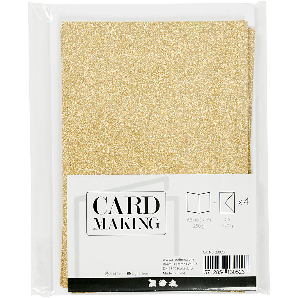 Kort og kuverter, kort str. 10,5x15 cm, kuvert str. 11,5x16,5 cm, glitter, 120+250 g, guld, 4 sæt/ 1 pk.